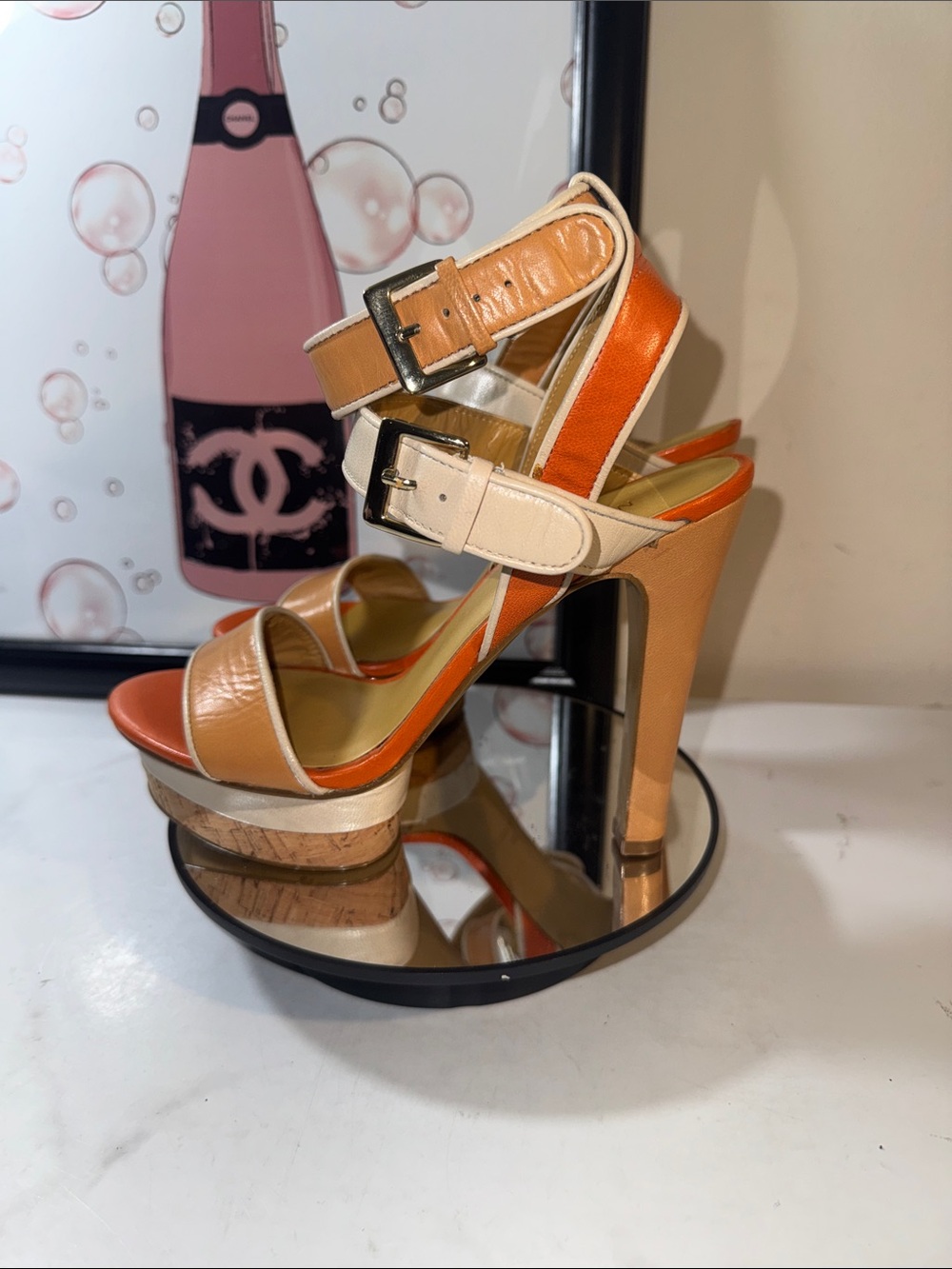 Nine West Risky Biz Orange and Cream Leather Strappy Platform Heels - Size 6.5M